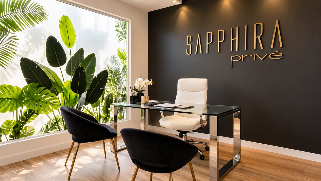 Consulta de Sapphira Privé Toledo con ventanal de vegetación tropical, mesa de cristal, sillones negros y el logotipo dorado en la pared
