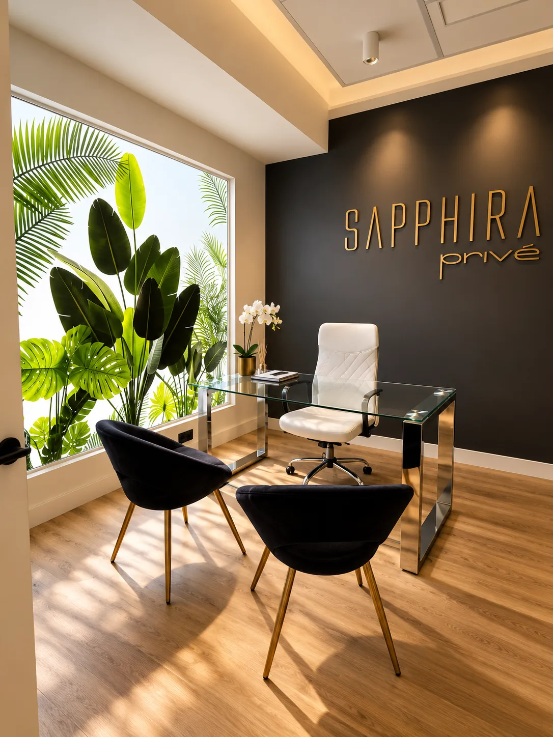 Despacho médico de Sapphira Privé Toledo con ventanal de vegetación tropical, mesa de cristal, sillones y el logotipo dorado en la pared