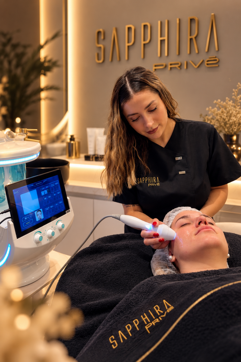 Una profesional del centro realiza un tratamiento facial en una cabina de Sapphira Privé, con el logotipo dorado en la pared