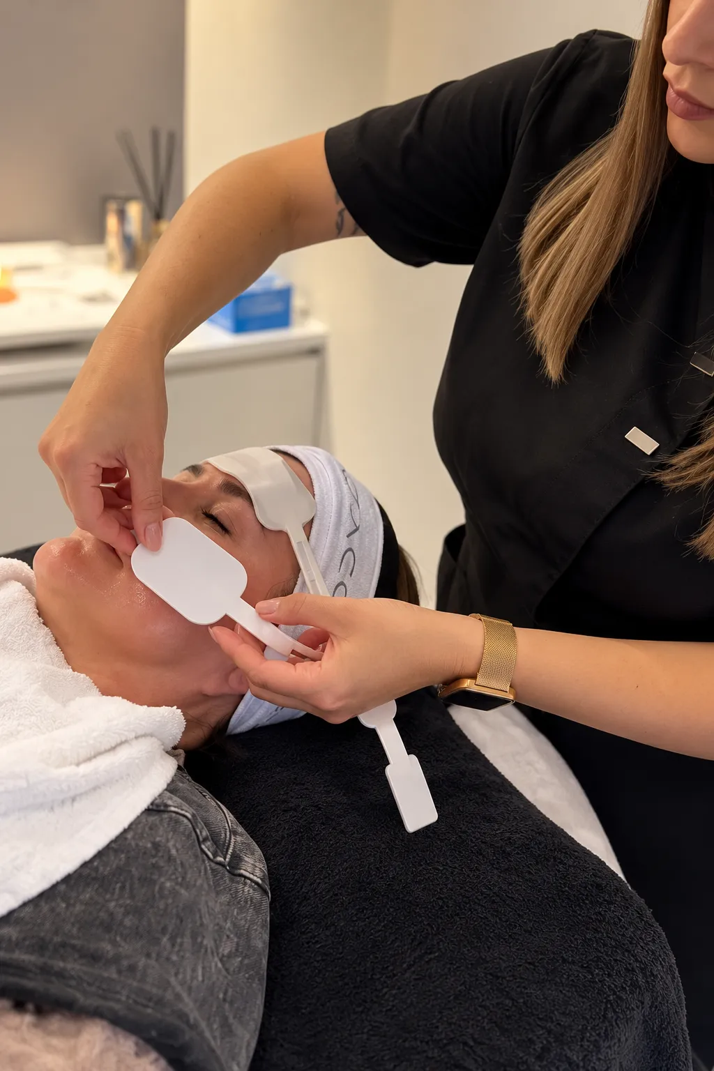 Profesional de Sapphira Privé Toledo colocando los electrodos de Onora en el rostro de una clienta durante una sesión de electroestimulación facial